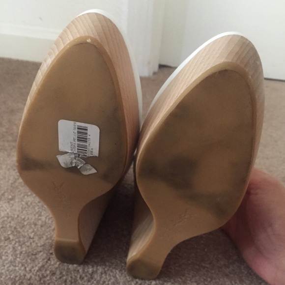 YSL Yves Saint Laurent White Leather Wooden Wedges